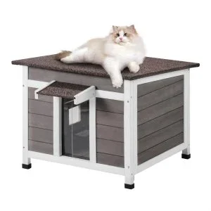 VEVOR Maison Cabane pour Chat d’Extérieur en Bois Abri avec Toit Porte Fenêtre