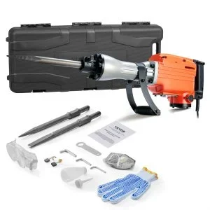 VEVOR Marteau de Démolition 2200 W Marteau-Piqueur 66 J 1300 BPM Marteau Perforateur avec 2 Burins Remplaçables Poignée Rotative 360° Anti-Vibration Brise-Béton pour Burinage Construction Plomberie