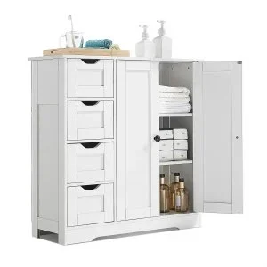VEVOR Meuble de salle de bain en bois avec 4 tiroirs et étagère réglable blanc