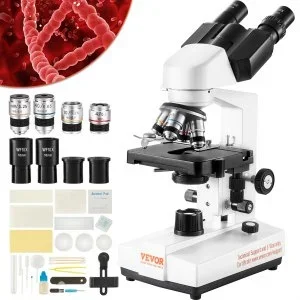 VEVOR Microscope Binoculaire Composé 40X-2500X 6 Réglages Microscope Biologique Mise au Point Grossière et Fine de Précision avec Platine 2 Étages pour Éducation Recherche Biologique Laboratoire École