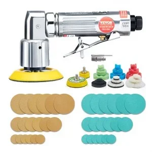 VEVOR Mini Ponceuse Pneumatique 1/2/3 po 2,5/5/7,6 cm Ponceuse Orbitale Aléatoire Vitesse 15000 tr/min Kit Ponceuse Voiture Carrosserie 58PCS avec Éponges Ondulées Papiers de Verre Tampons de Laine