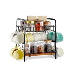 VEVOR Porte-tasse à café pour comptoir à 2 niveaux avec 12 crochets 2 étagères