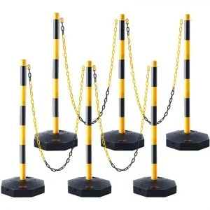 VEVOR Poteau de Signalisation 6PCs Poteau de Délimitation sur Socle Remplissable Hauteur Réglable Cône de Signalisation Longue Chaine 2,4 m pour Contrôle de Circulation Chantier Parking Jaune et Noir