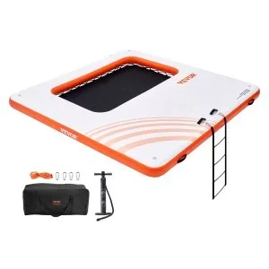 VEVOR Quai flottant gonflable, 3,04×3,04 m plate-forme de quai gonflable avec piscine en maille trampoline 1,21×2,13 m tapis d’eau antidérapant sac portable échelle amovible pour détente piscine plage