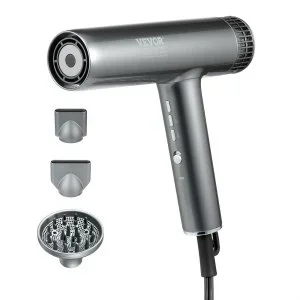 VEVOR Sèche-cheveux pro, 3 millions d’ions négatifs, moteur sans balais haute vitesse 108000 tr/min, 3 températures et 3 vitesses, sèche-cheveux léger avec buses et diffuseur pour maison et voyages