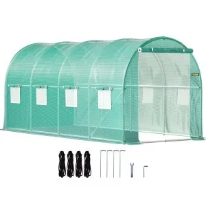 VEVOR Serre Tunnel Jardin 4,6×2,1×2,1 m Tente Abri Plantes Cadre en Acier Galvanisé Couverture étanche PE 1 Poutre Supérieure 2 Poteaux Diagonaux 1 Porte 8 Fenêtres pour Cultiver Légumes Fleurs Vert