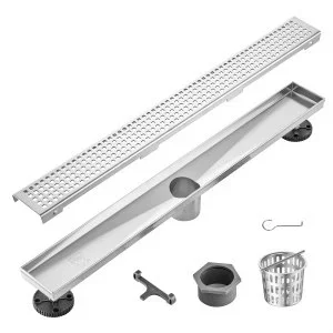 VEVOR Siphon Sol 609×70 mm Caniveau Douche Italienne Linéaire Grille à Motif Carré Acier Inox 304 Brossé 42,5 L/min Filtre Débris Cheveux Drain de Sol Rectangulaire avec Pieds de Nivellement, Argent