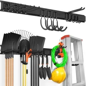 VEVOR Support Mural d’Outils de Garage, Capacité de Charge Maximale 272 kg, Organisateur de Rangement Jardin avec 10 Crochets Réglables et 4 Rails pour Outils de Jardin, Pelles, Coupe-bordures, Tuyaux