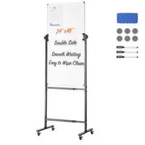 VEVOR Tableau Blanc Magnétique 122 x 61 cm Tableau Blanc Mobile Effaçable à Sec avec Support Tableau Réversible à 360° Double-Face Hauteur Réglable avec 3 Marqueurs 1 Effaceur pour Bureau Maison École